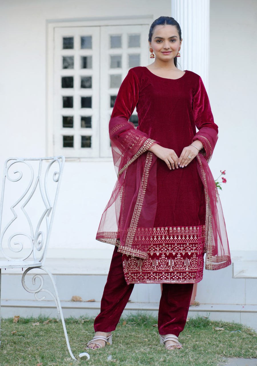 Velvet Designer Suit with Sequin Embroidery | Festive Occasion Wear Drape Dress