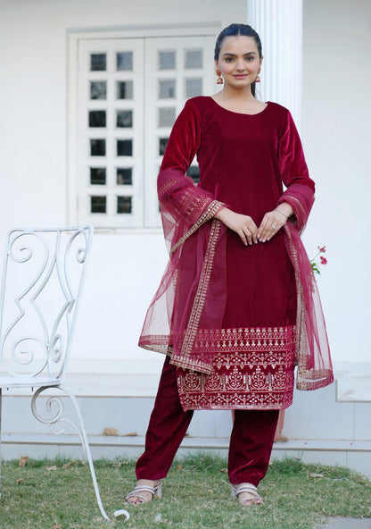 Velvet Designer Suit with Sequin Embroidery | Festive Occasion Wear Drape Dress