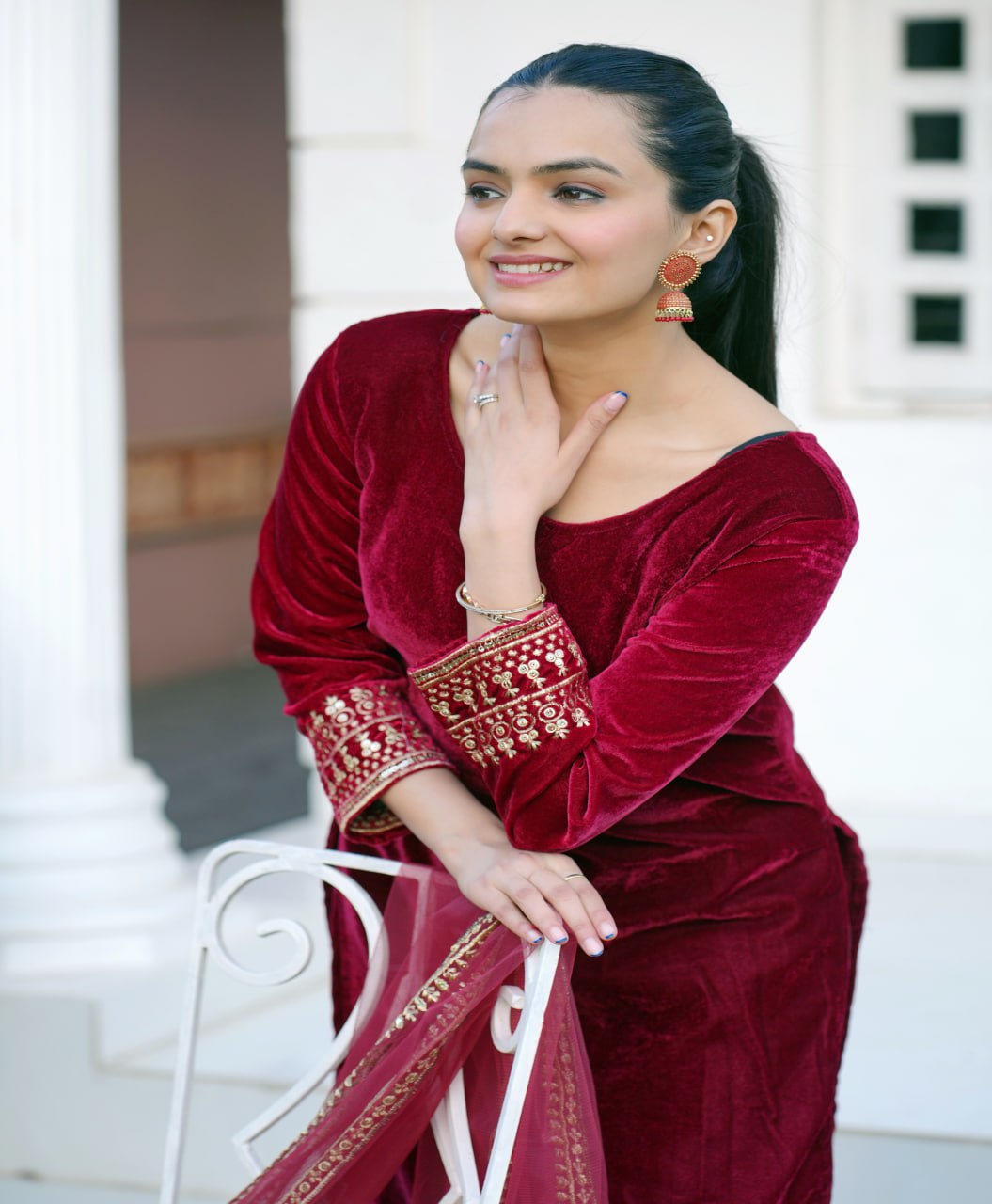 Velvet Designer Suit with Sequin Embroidery | Festive Occasion Wear Drape Dress