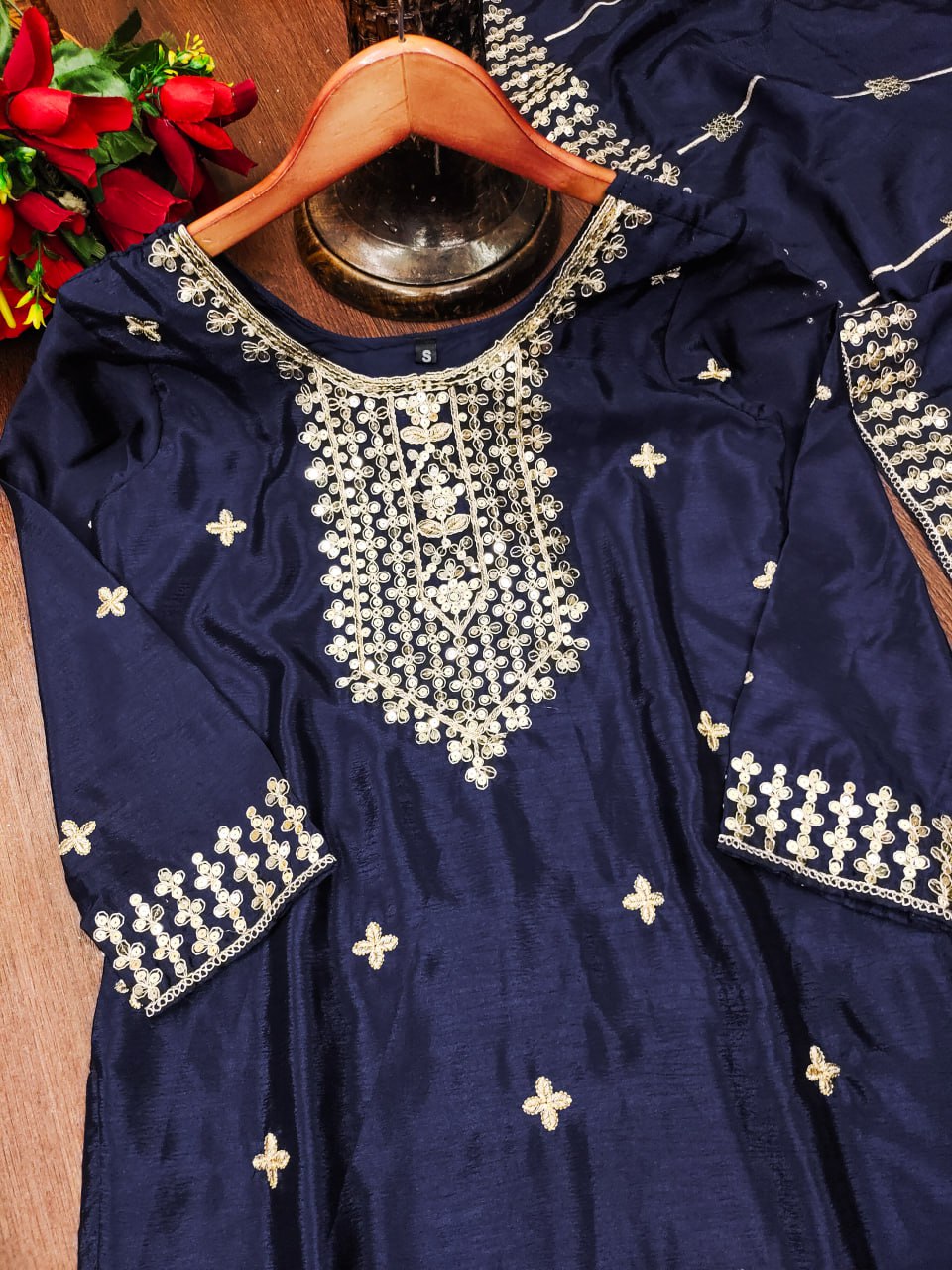 Chinon Suit with Coding-Sequin Embroidery | Trendy Party Ensemble Drape Dress