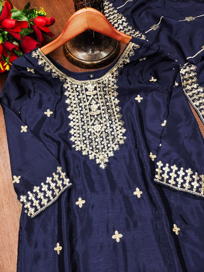 Chinon Suit with Coding-Sequin Embroidery | Trendy Party Ensemble Drape Dress
