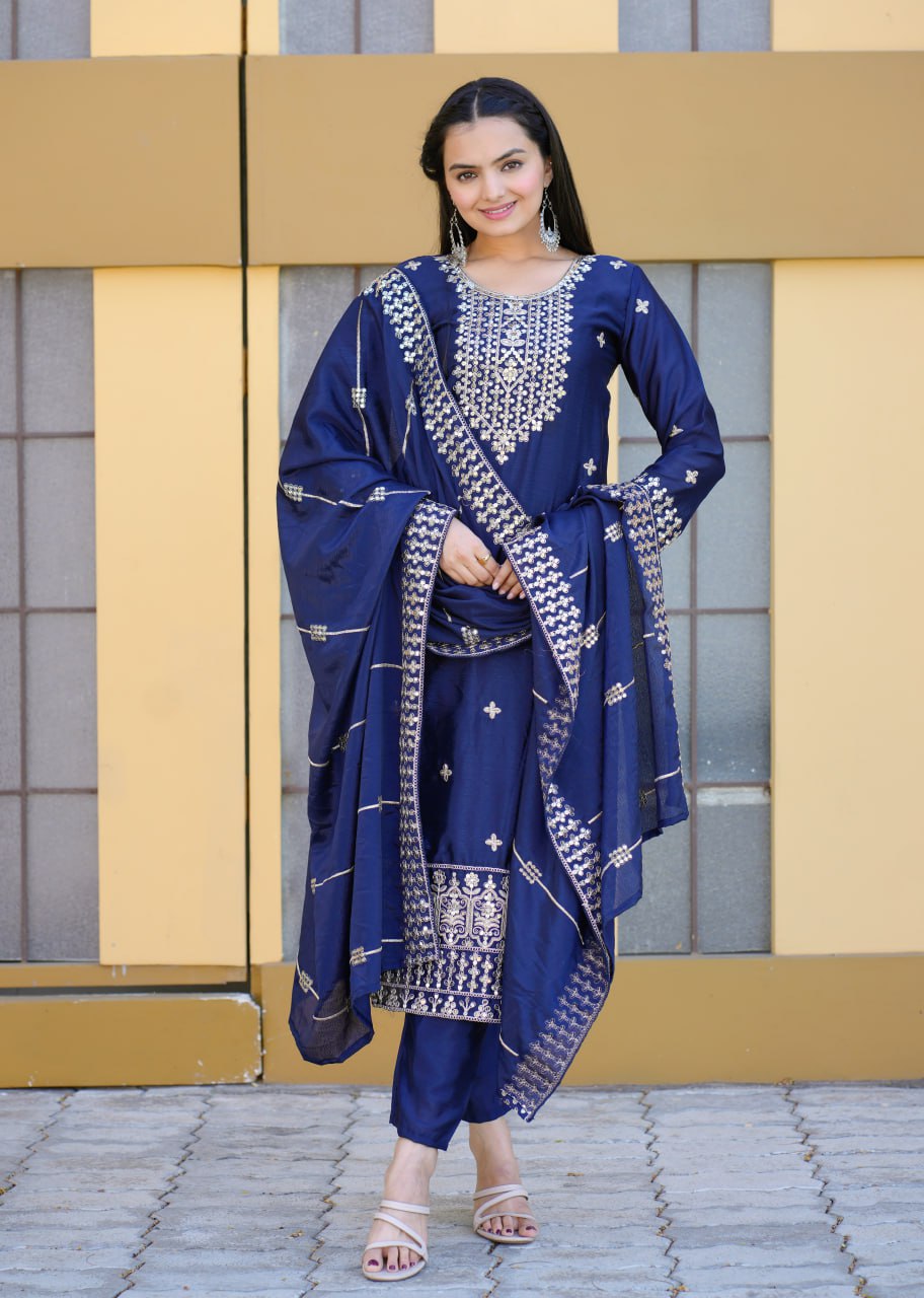 Chinon Suit with Coding-Sequin Embroidery | Trendy Party Ensemble Drape Dress