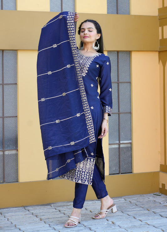 Chinon Suit with Coding-Sequin Embroidery | Trendy Party Ensemble Drape Dress