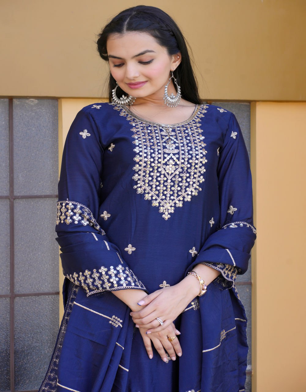 Chinon Suit with Coding-Sequin Embroidery | Trendy Party Ensemble Drape Dress