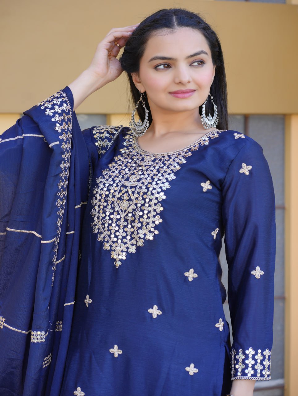 Chinon Suit with Coding-Sequin Embroidery | Trendy Party Ensemble Drape Dress