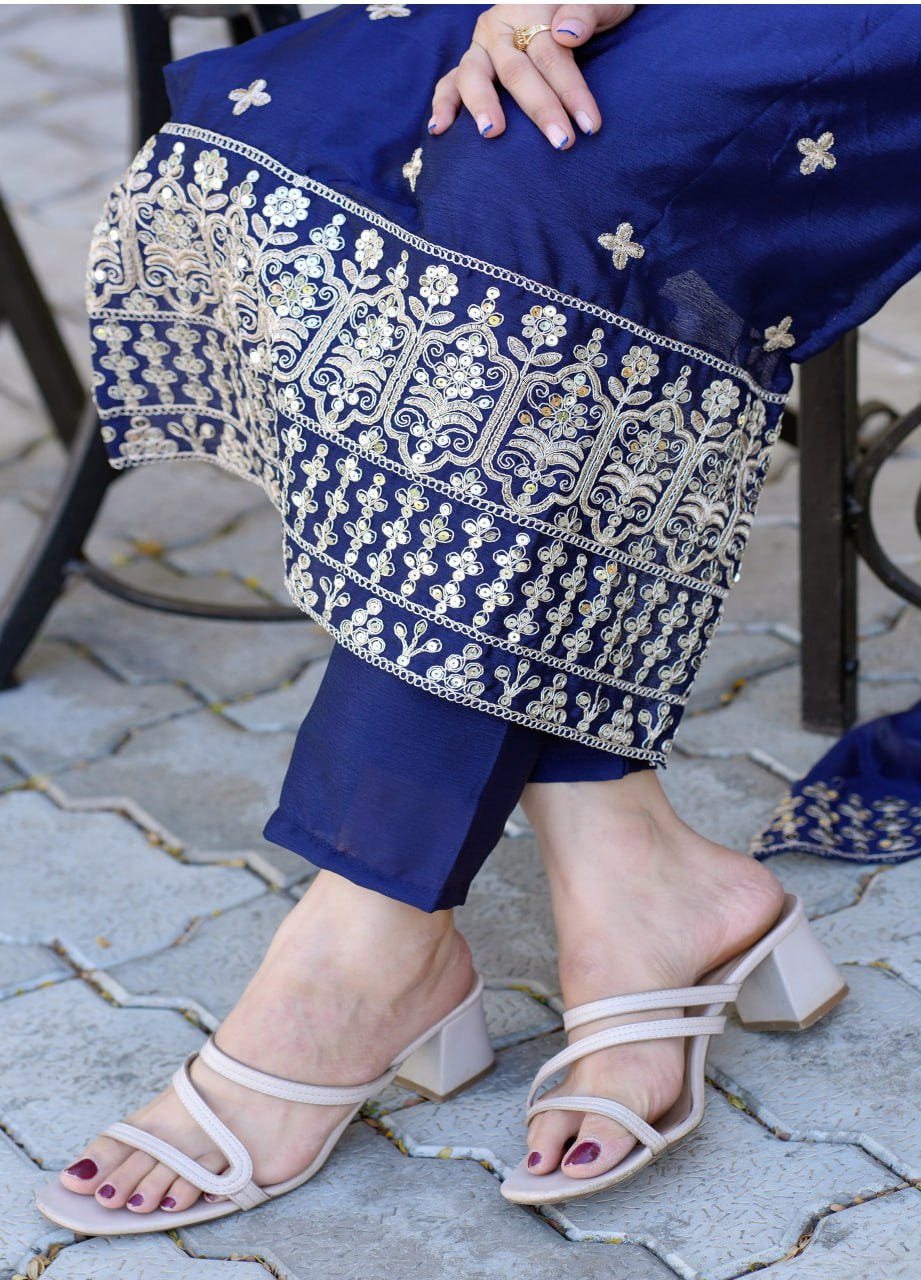 Chinon Suit with Coding-Sequin Embroidery | Trendy Party Ensemble Drape Dress