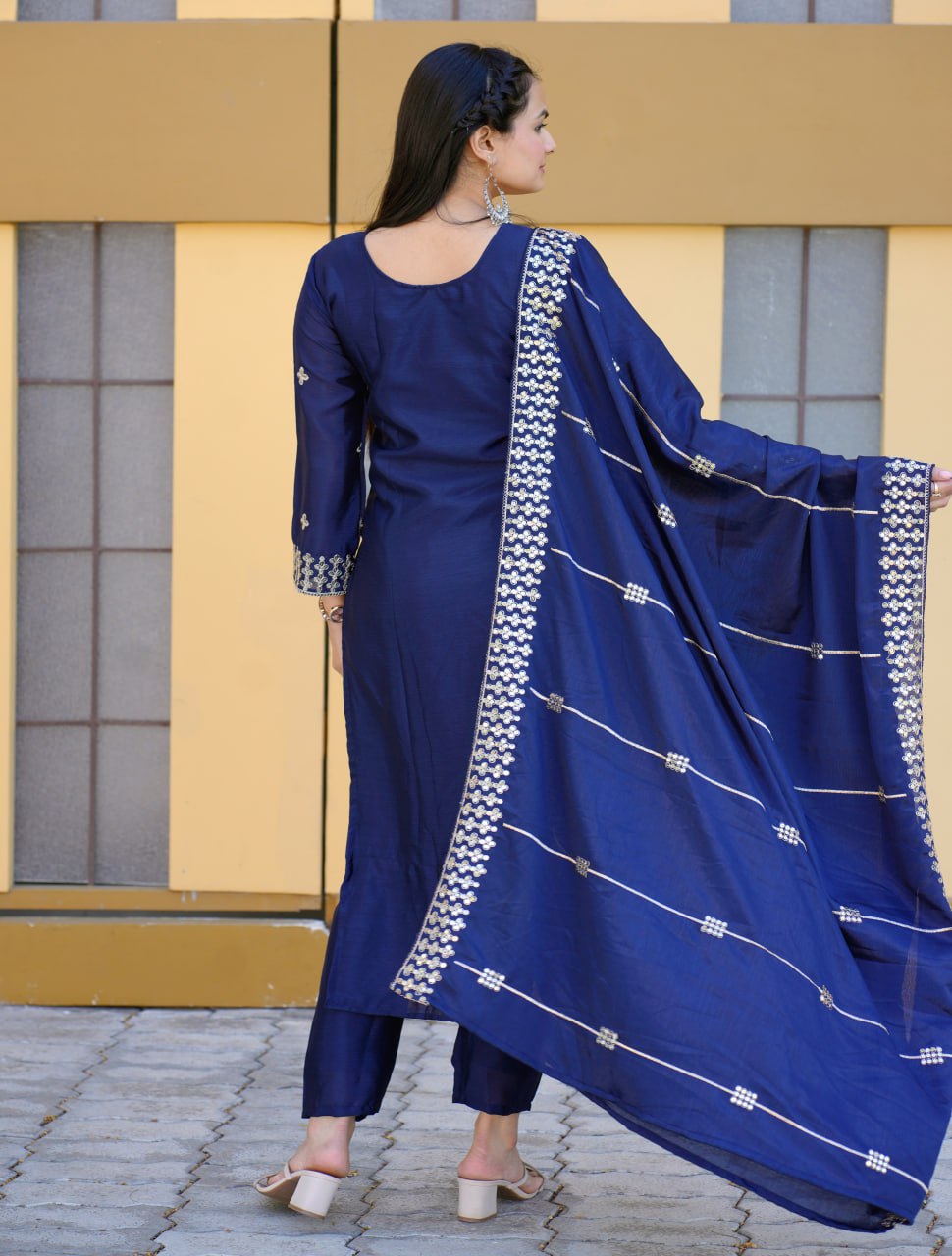 Chinon Suit with Coding-Sequin Embroidery | Trendy Party Ensemble Drape Dress