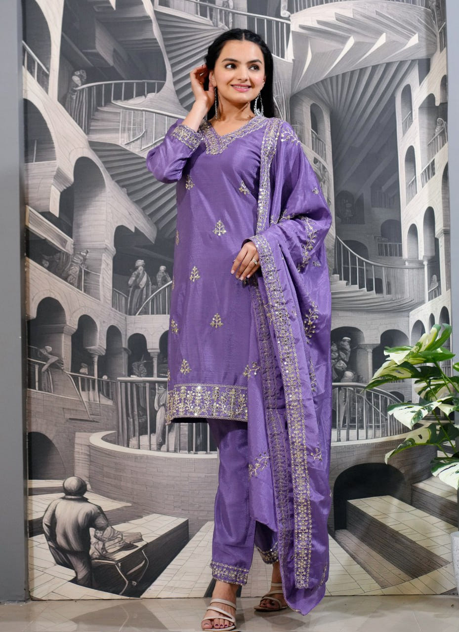 Designer Chinon Sequin-Embroidered Suit | Latest Festive Wear Drape Dress