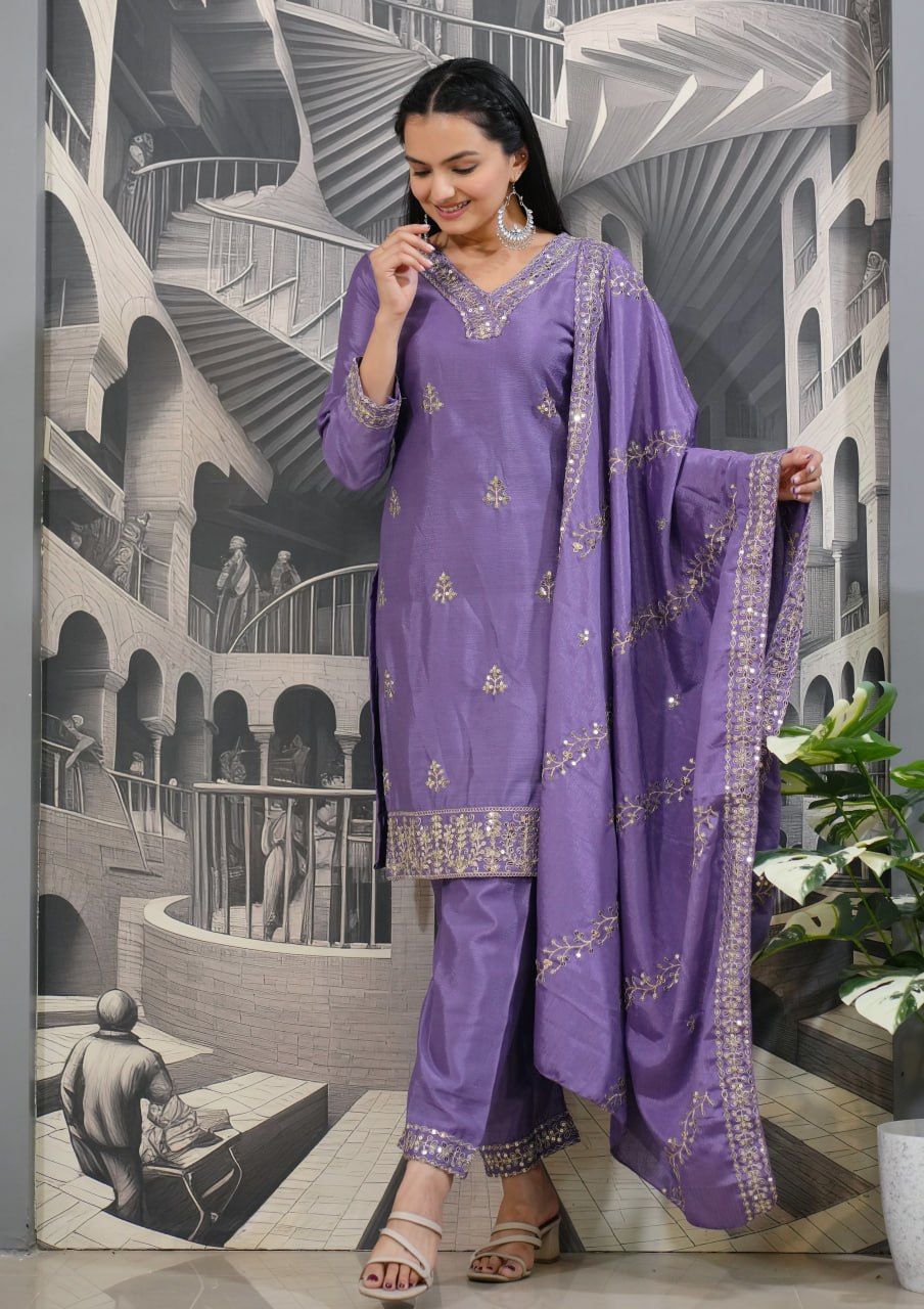 Designer Chinon Sequin-Embroidered Suit | Latest Festive Wear Drape Dress