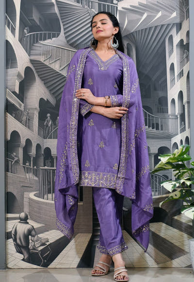 Designer Chinon Sequin-Embroidered Suit | Latest Festive Wear Drape Dress