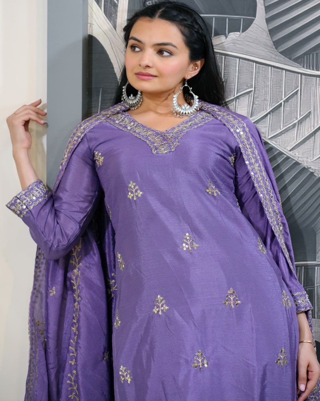 Designer Chinon Sequin-Embroidered Suit | Latest Festive Wear Drape Dress
