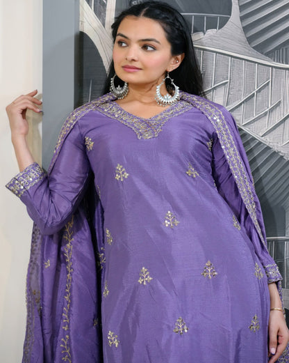 Designer Chinon Sequin-Embroidered Suit | Latest Festive Wear Drape Dress