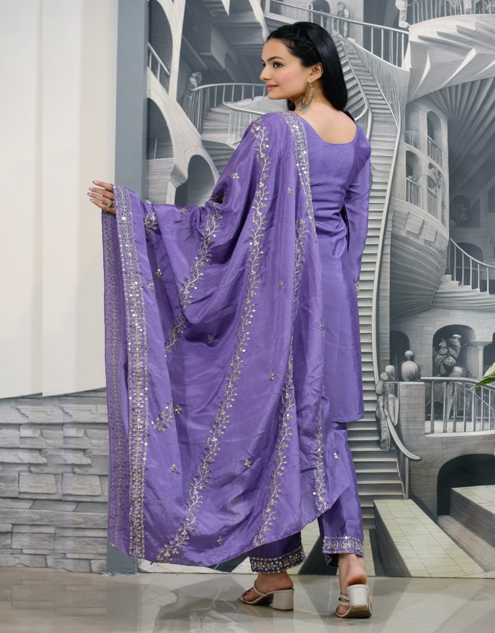 Designer Chinon Sequin-Embroidered Suit | Latest Festive Wear Drape Dress