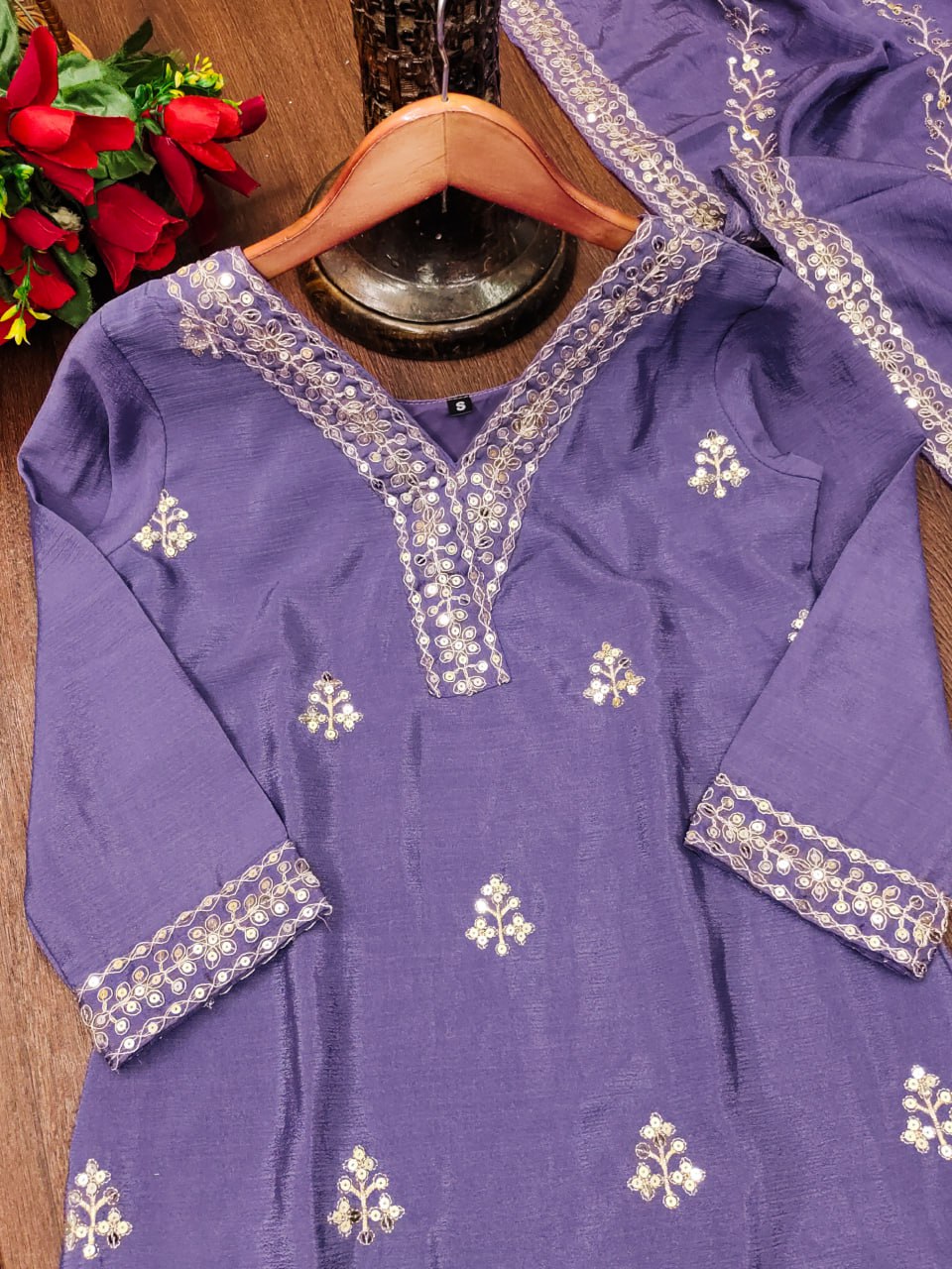 Designer Chinon Sequin-Embroidered Suit | Latest Festive Wear Drape Dress