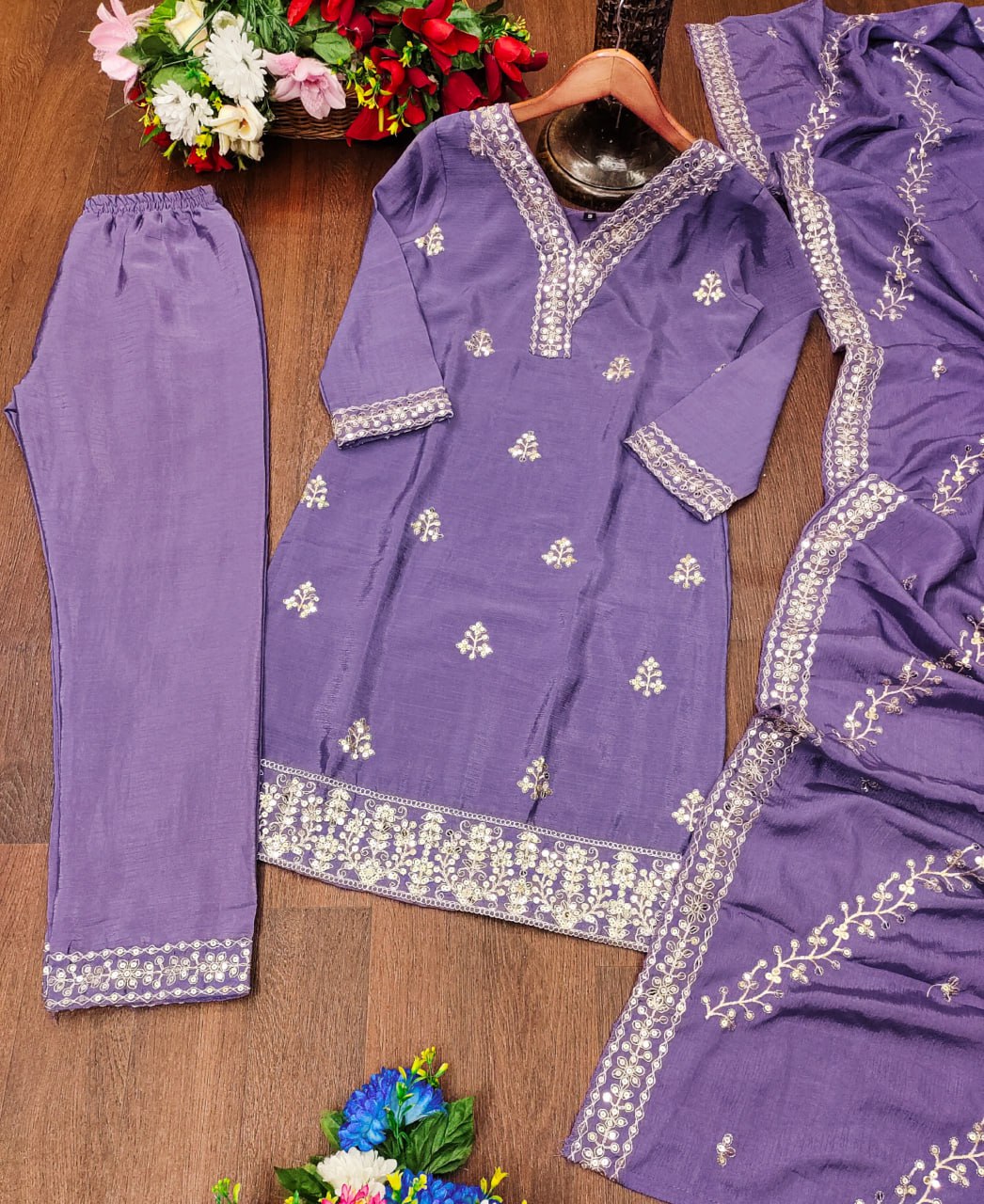 Designer Chinon Sequin-Embroidered Suit | Latest Festive Wear Drape Dress