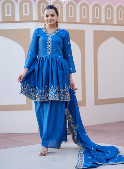 Designer Chinon Sequin-Embroidered Sharara Suit | Modern Party Wear Drape Dress