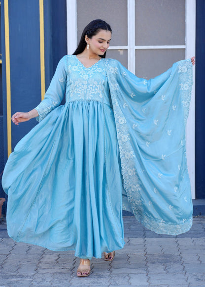 Designer Chinon Embroidered Gown – Festive Party Wear Drape Dress