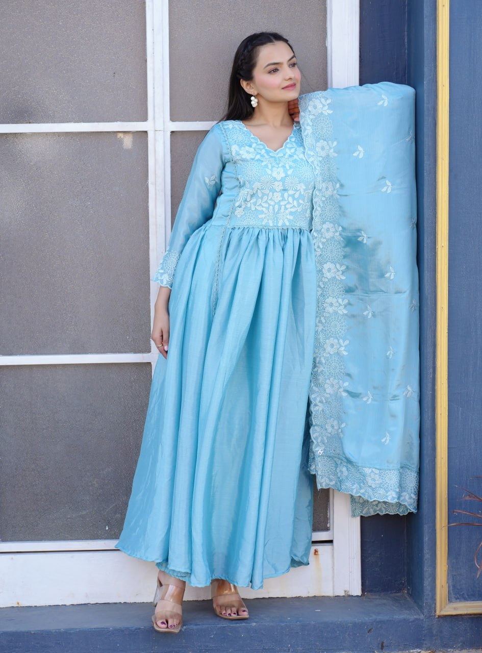 Designer Chinon Embroidered Gown – Festive Party Wear Drape Dress