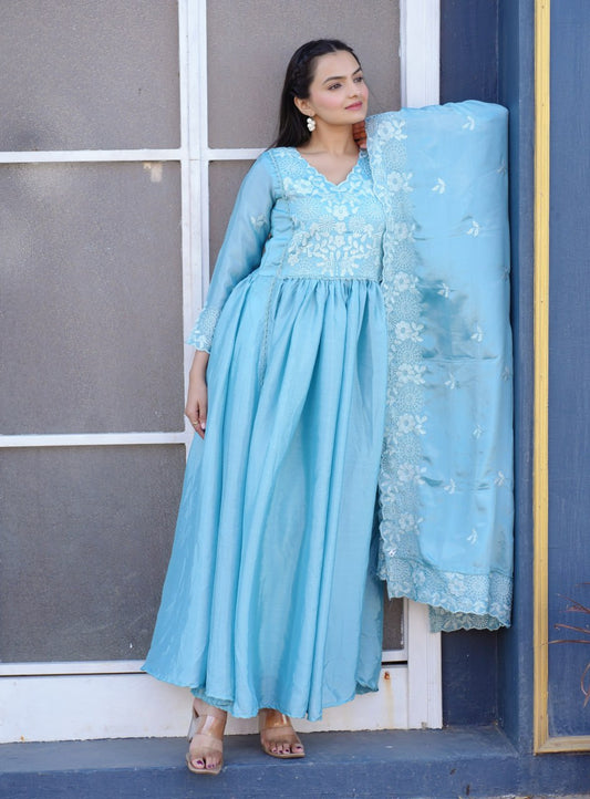 Designer Chinon Embroidered Gown – Festive Party Wear Drape Dress