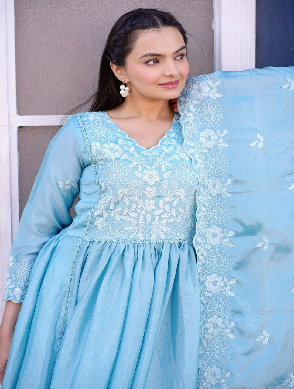 Designer Chinon Embroidered Gown – Festive Party Wear Drape Dress