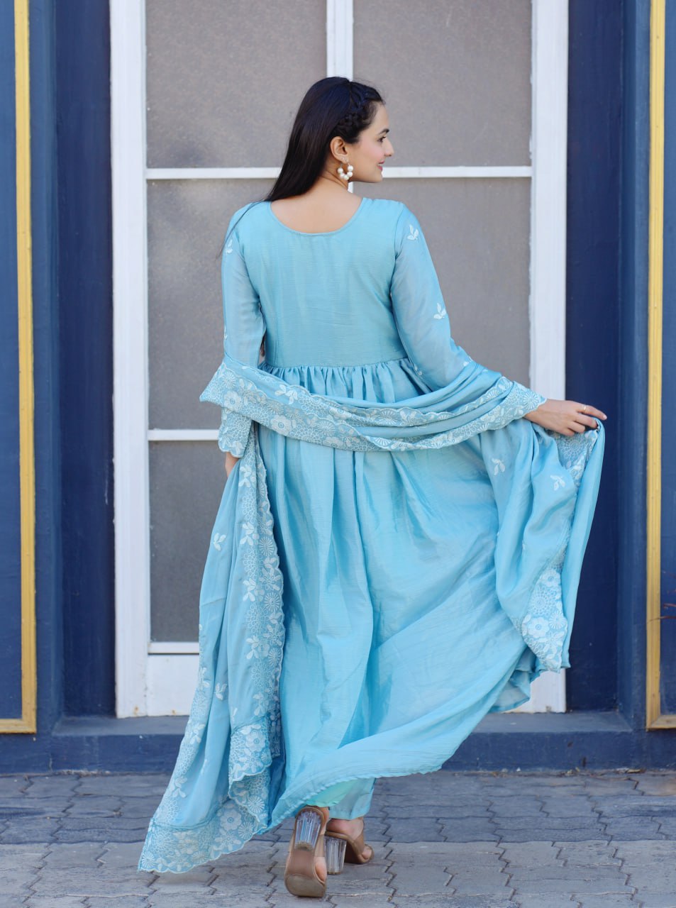 Designer Chinon Embroidered Gown – Festive Party Wear Drape Dress