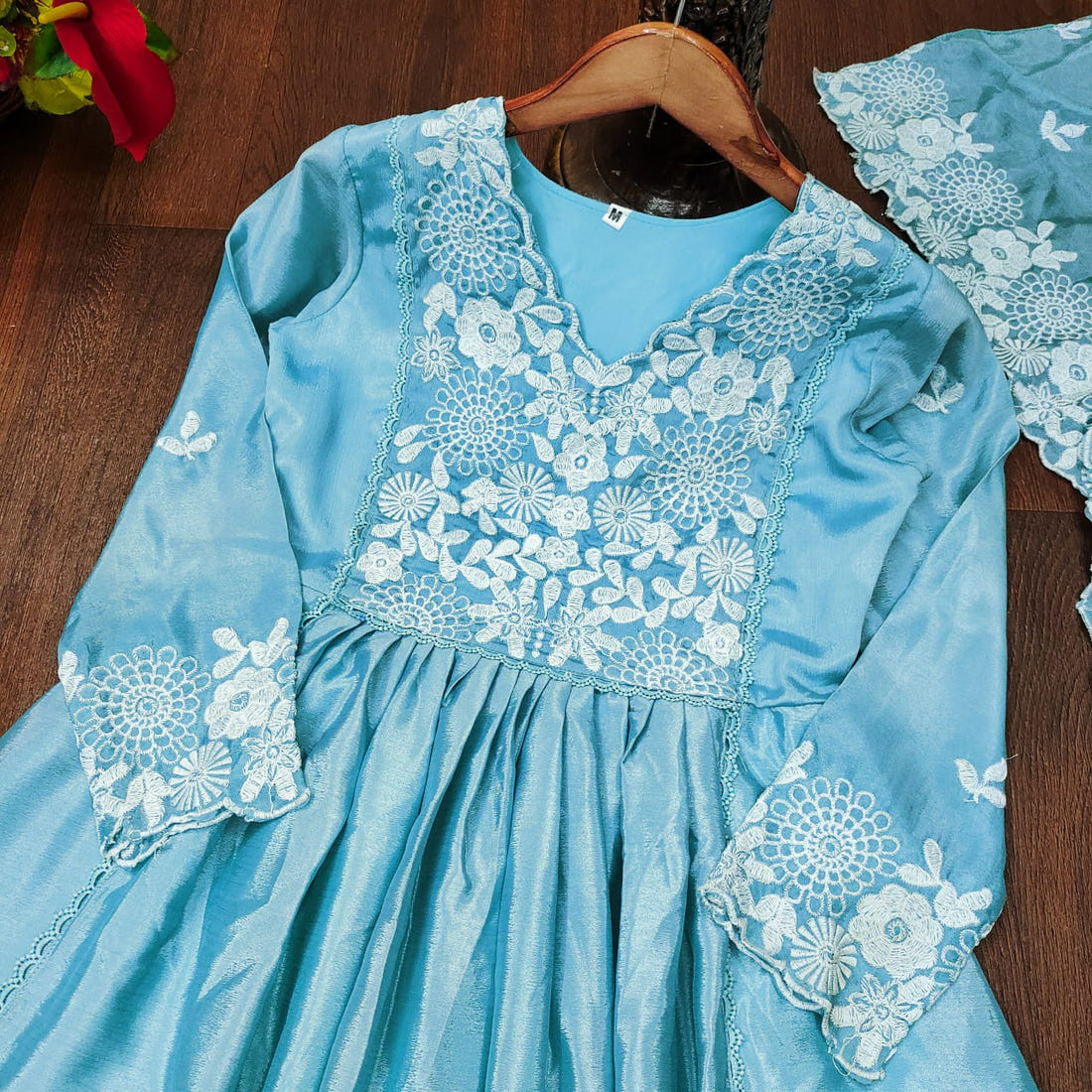 Designer Chinon Embroidered Gown – Festive Party Wear Drape Dress