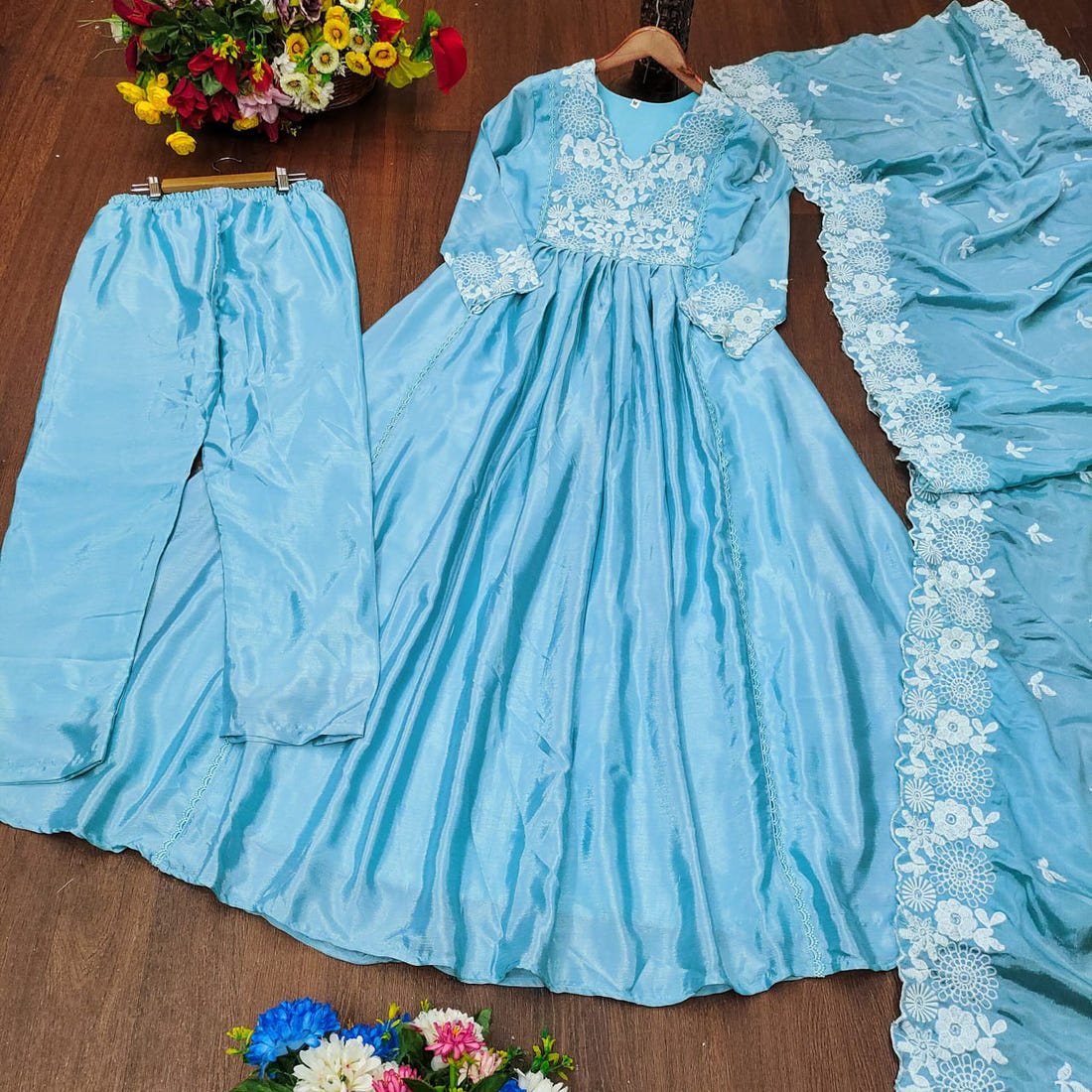 Designer Chinon Embroidered Gown – Festive Party Wear Drape Dress