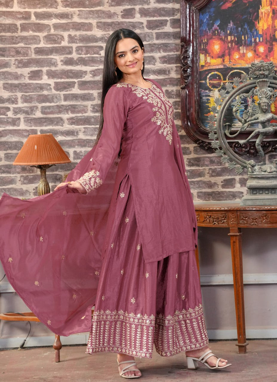 Designer Chinon Suit with All-Over Sequence Embroidery for Parties Drape Dress