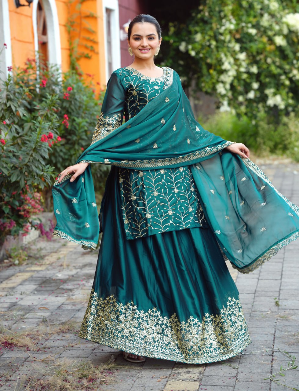 Teal Chinon Sharara Suit with Gold Sequin Leaf Embroidery | Designer Festive Wear Drape Dress