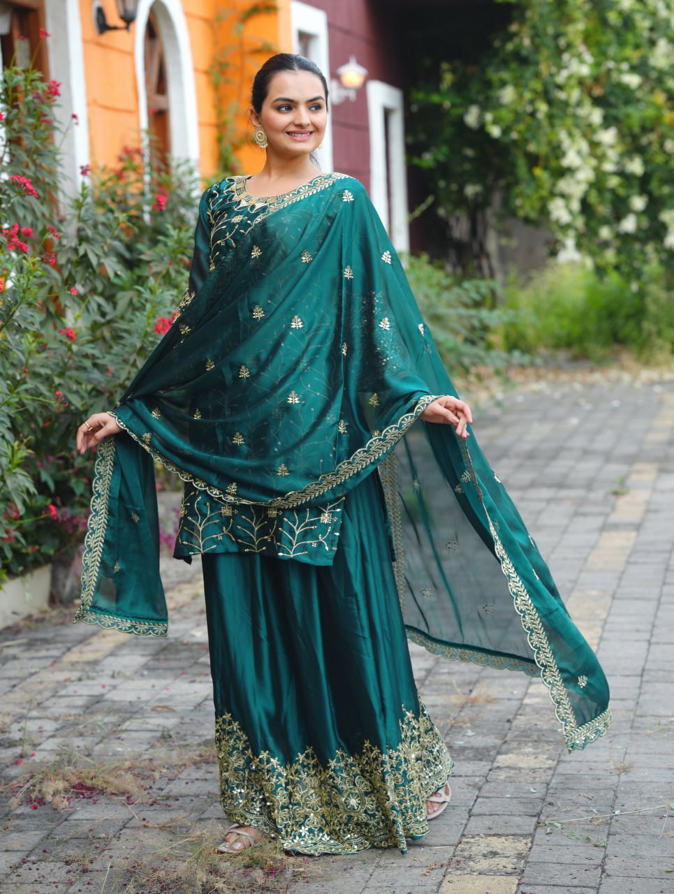 Teal Chinon Sharara Suit with Gold Sequin Leaf Embroidery | Designer Festive Wear Drape Dress