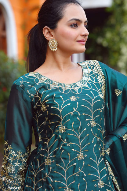 Teal Chinon Sharara Suit with Gold Sequin Leaf Embroidery | Designer Festive Wear Drape Dress
