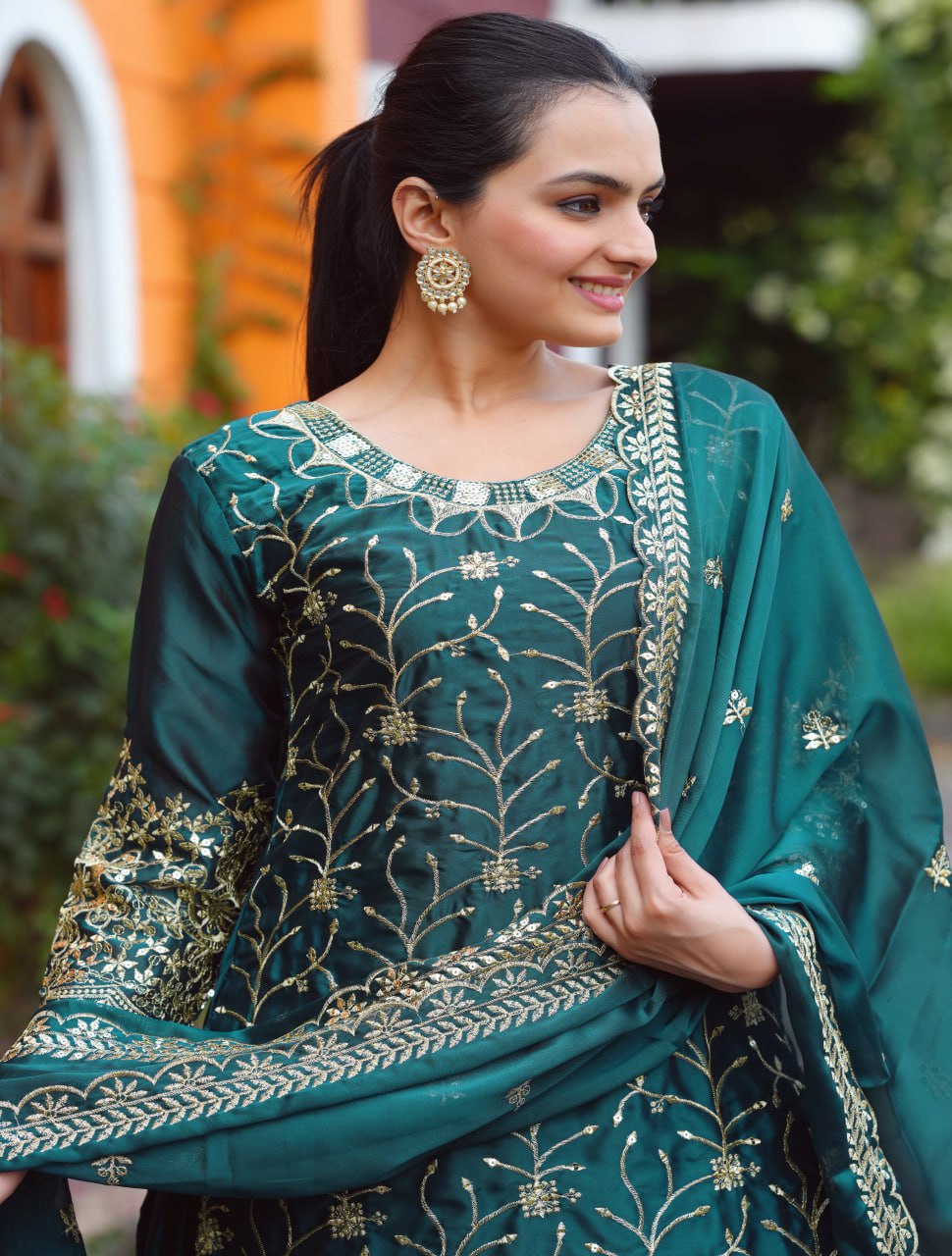 Teal Chinon Sharara Suit with Gold Sequin Leaf Embroidery | Designer Festive Wear Drape Dress