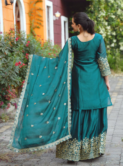 Teal Chinon Sharara Suit with Gold Sequin Leaf Embroidery | Designer Festive Wear Drape Dress
