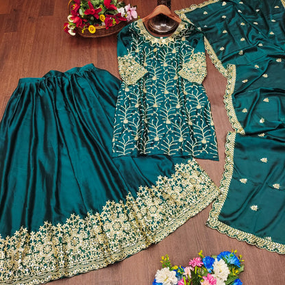 Teal Chinon Sharara Suit with Gold Sequin Leaf Embroidery | Designer Festive Wear Drape Dress