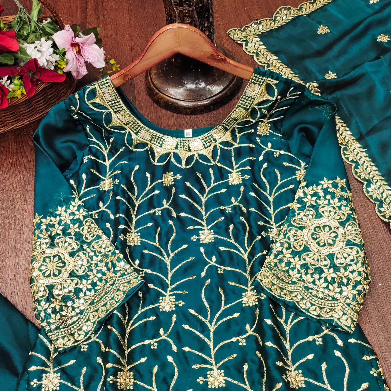 Teal Chinon Sharara Suit with Gold Sequin Leaf Embroidery | Designer Festive Wear Drape Dress