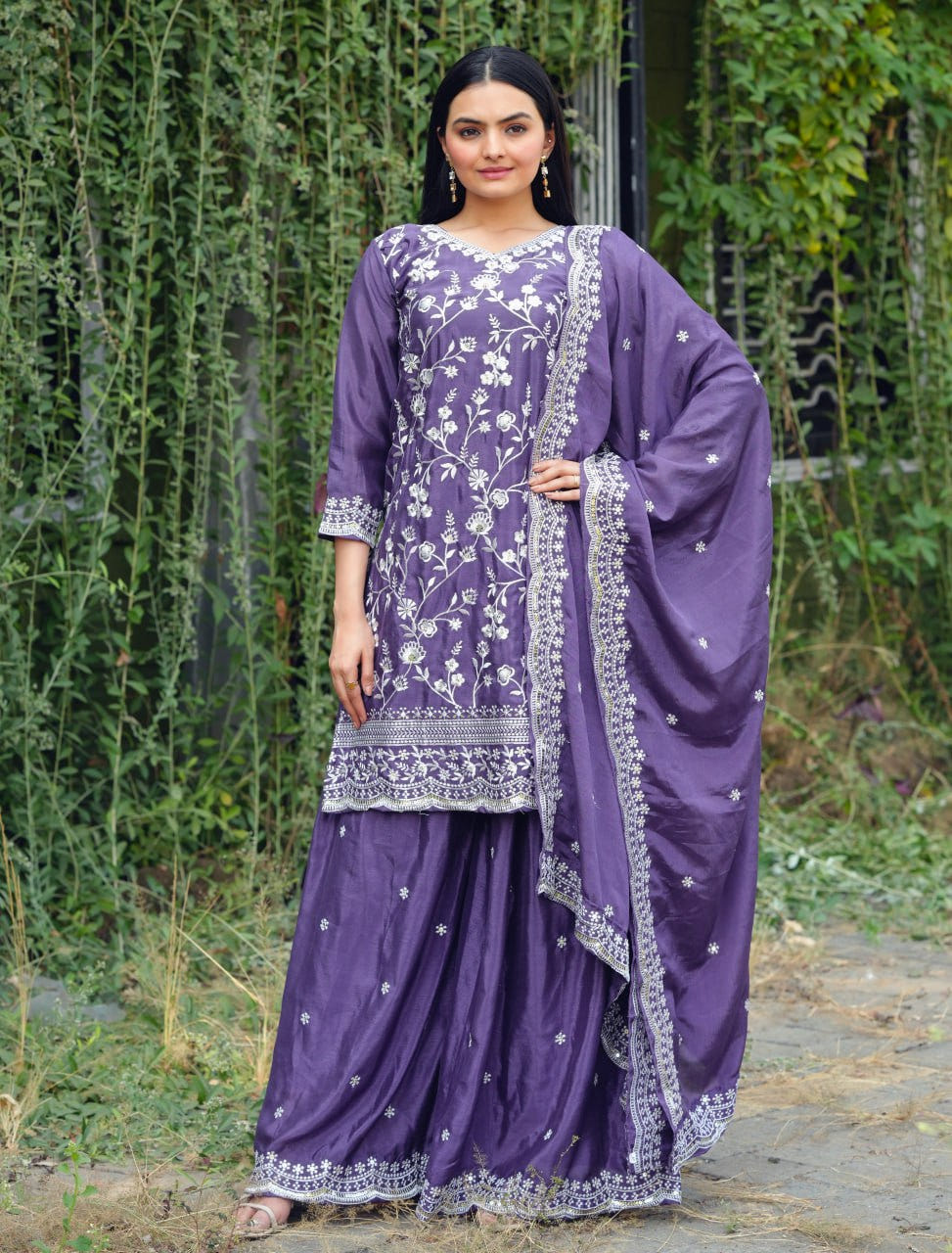 Designer Chinon Sharara Suit with All-Over Sequence Embroidery Drape Dress