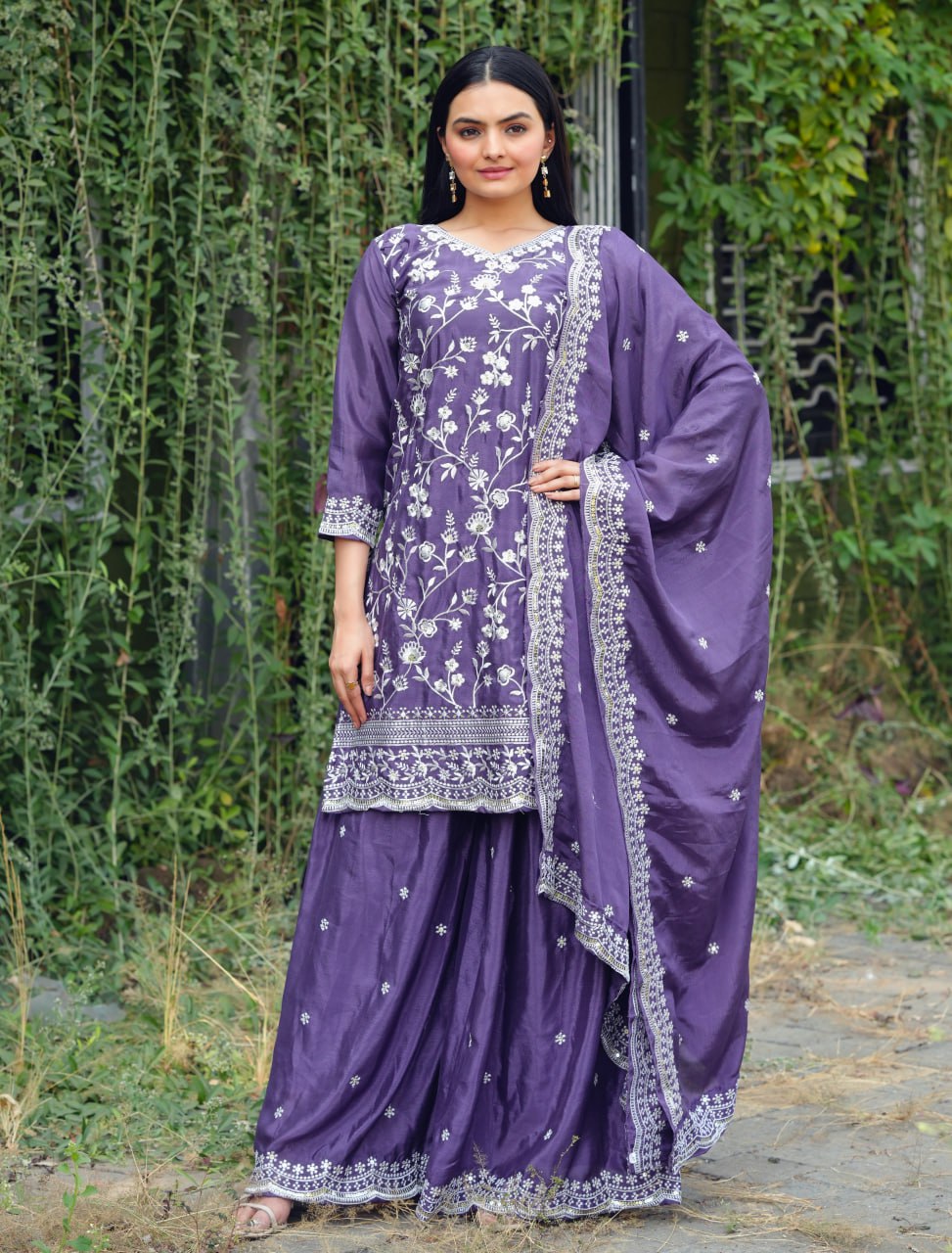 Designer Chinon Sharara Suit with All-Over Sequence Embroidery Drape Dress
