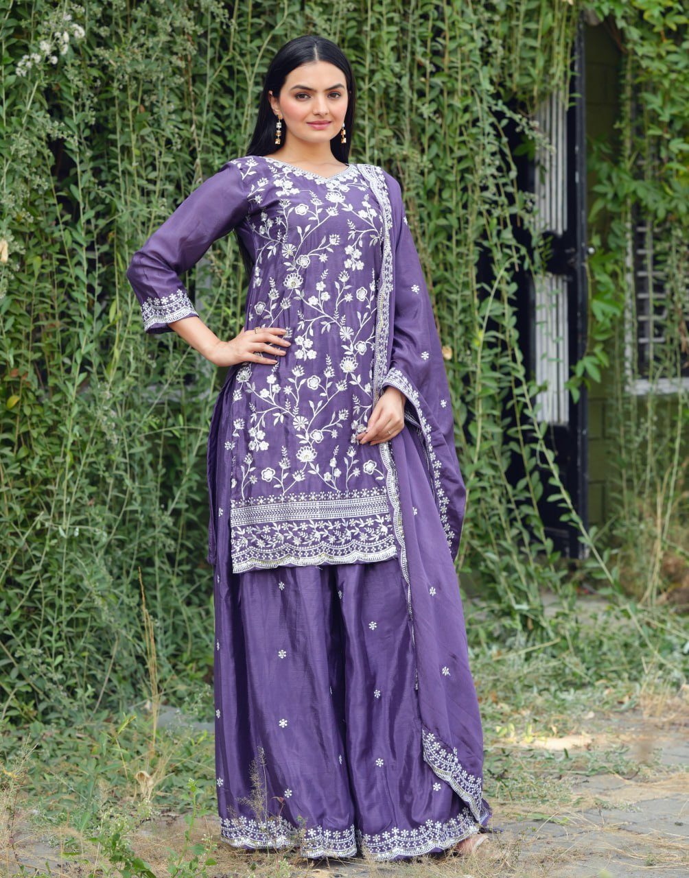 Designer Chinon Sharara Suit with All-Over Sequence Embroidery Drape Dress