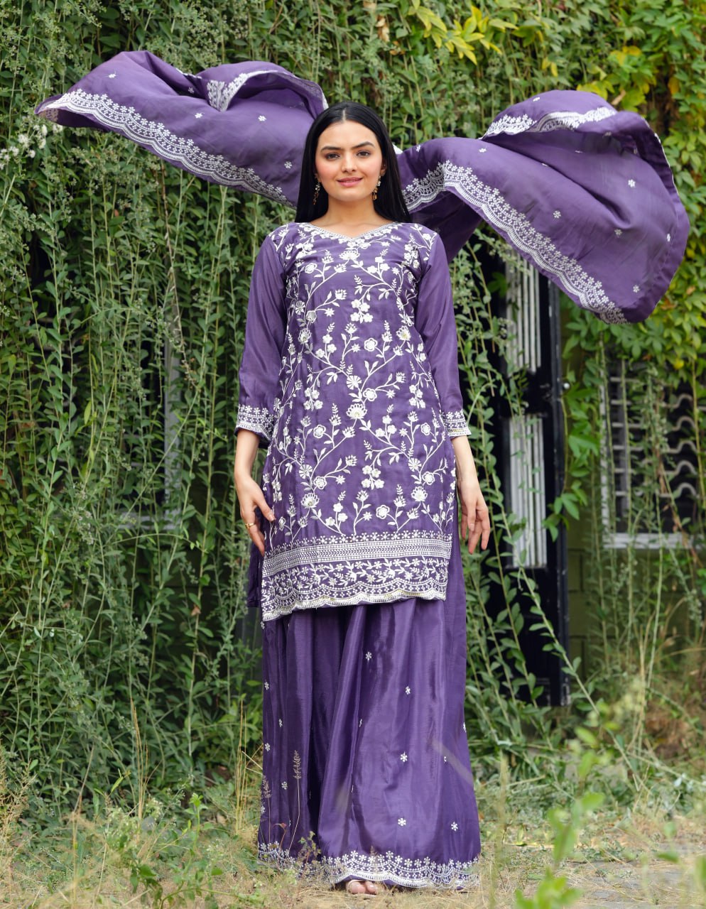 Designer Chinon Sharara Suit with All-Over Sequence Embroidery Drape Dress