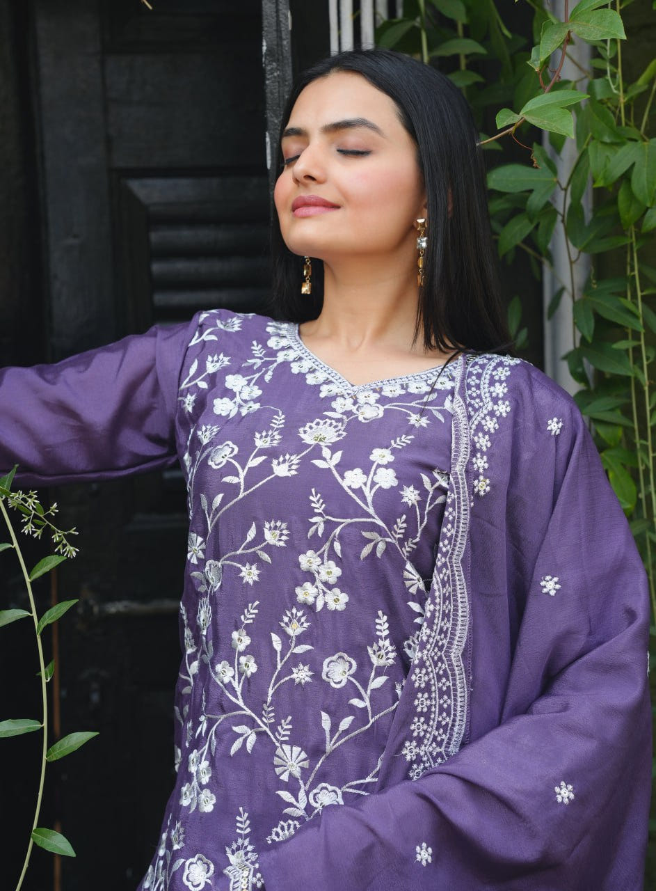 Designer Chinon Sharara Suit with All-Over Sequence Embroidery Drape Dress