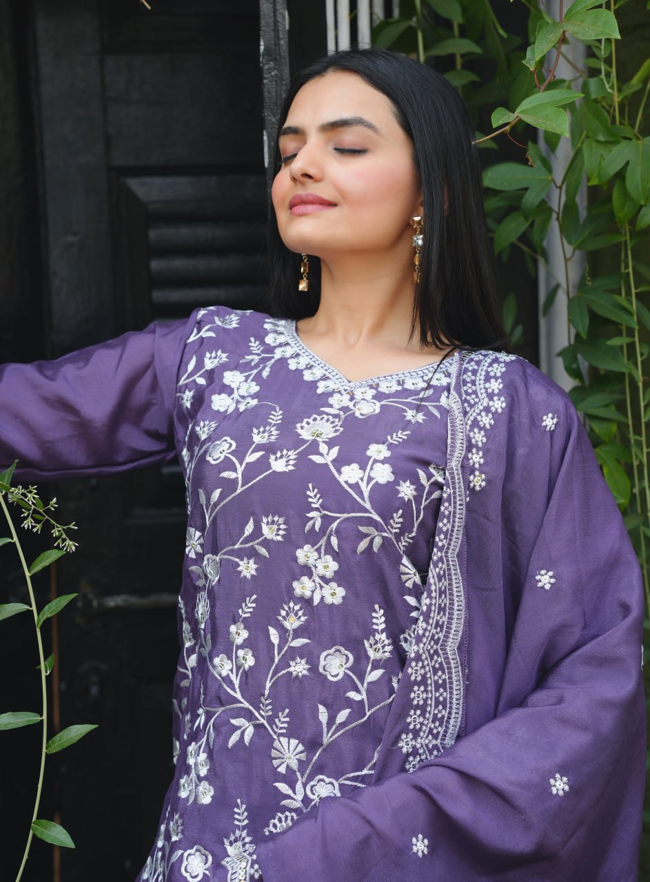 Designer Chinon Sharara Suit with All-Over Sequence Embroidery Drape Dress