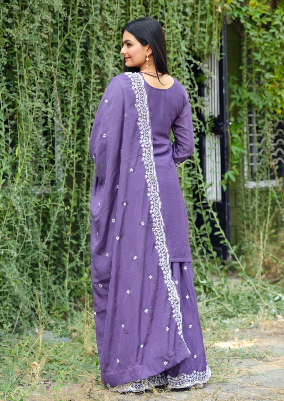 Designer Chinon Sharara Suit with All-Over Sequence Embroidery Drape Dress