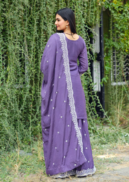 Designer Chinon Sharara Suit with All-Over Sequence Embroidery Drape Dress