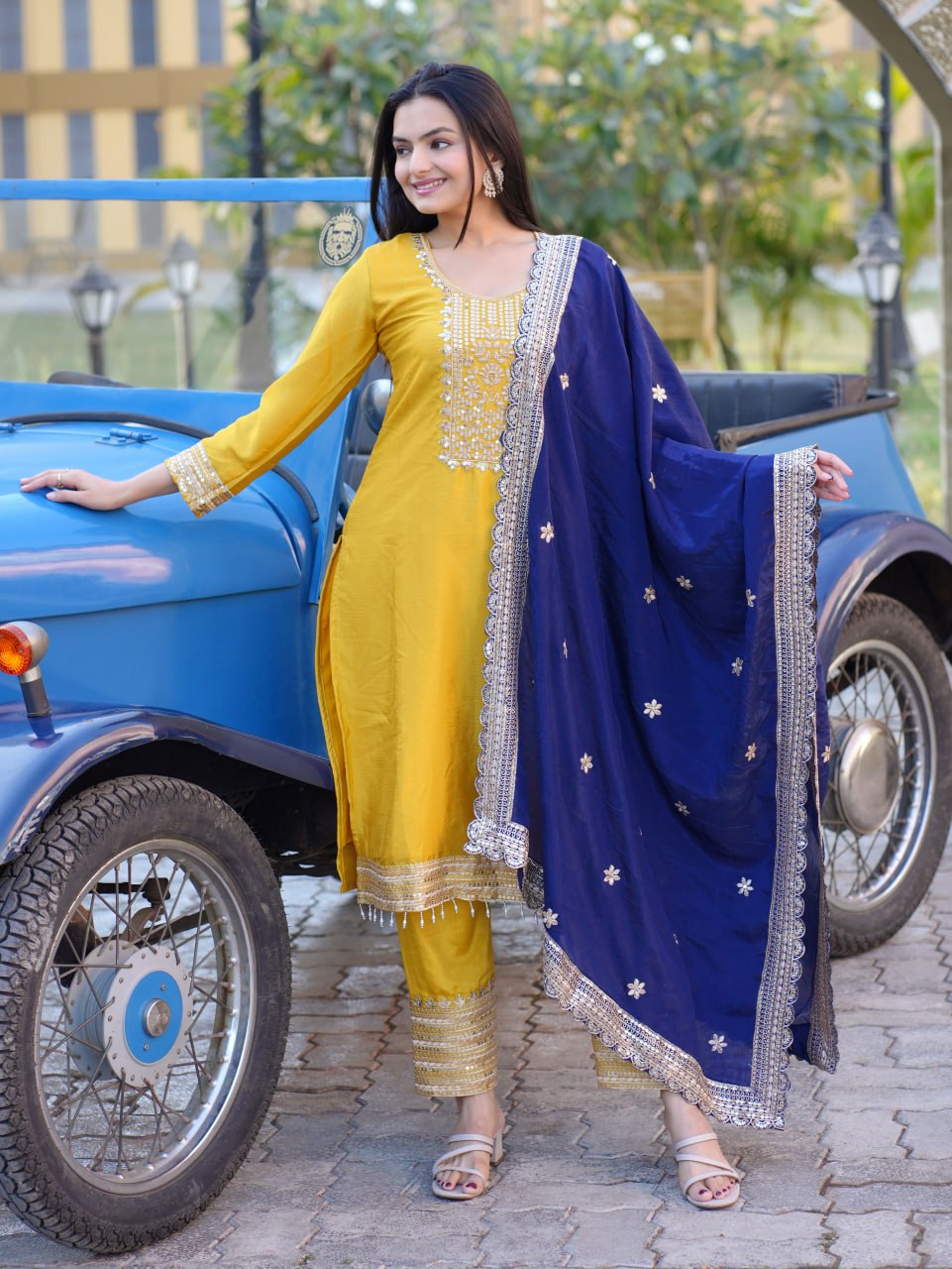 Chinon Sequin-Embroidered Designer Suit Set – Festive Wear Drape Dress