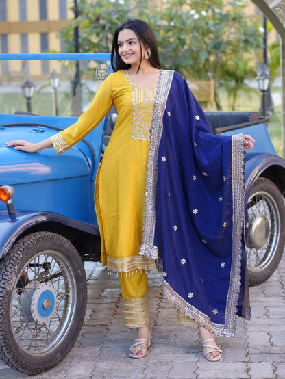 Chinon Sequin-Embroidered Designer Suit Set – Festive Wear Drape Dress
