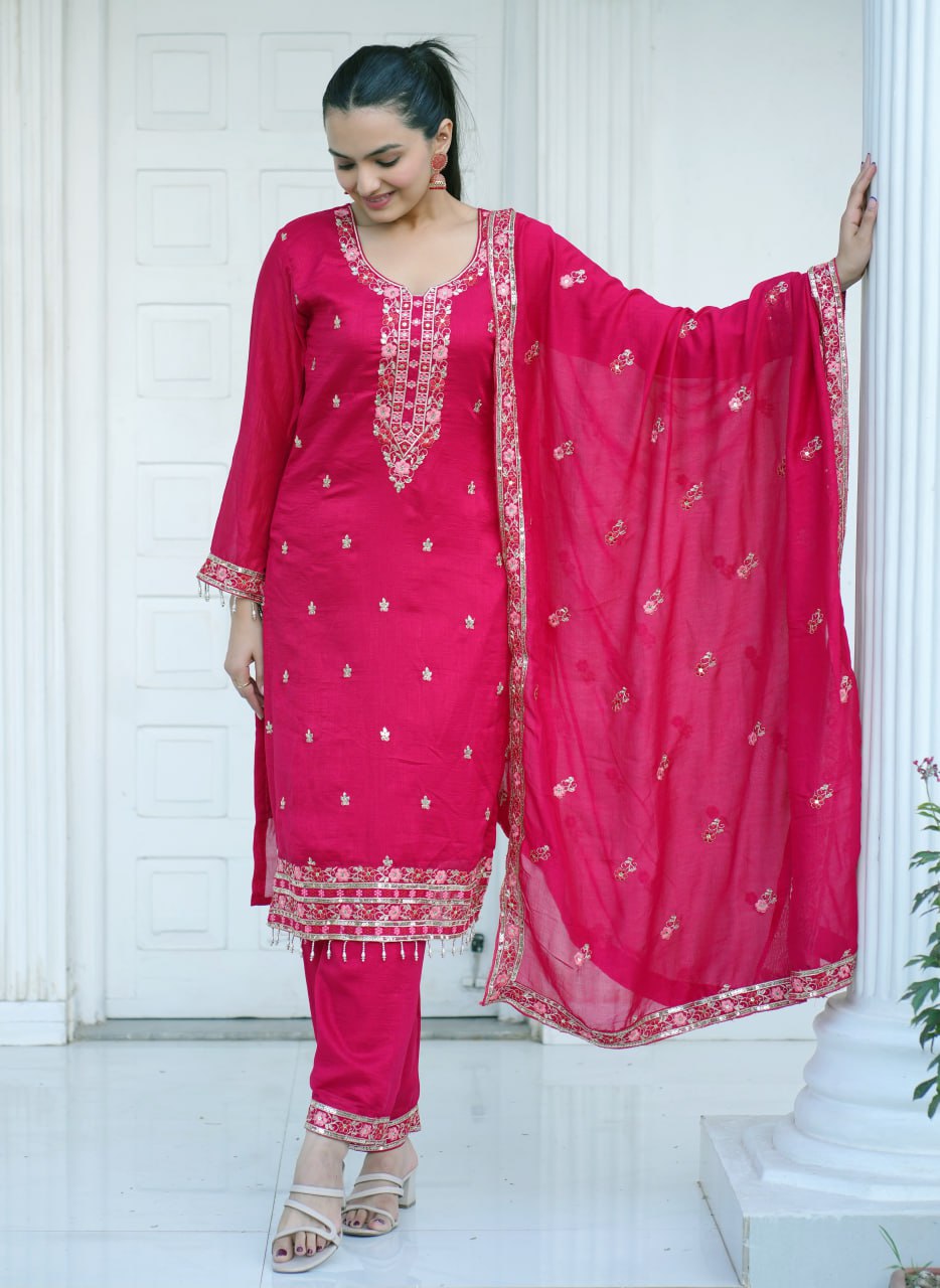 Designer Vichitra Silk Suit with Sequin Embroidery Drape Dress