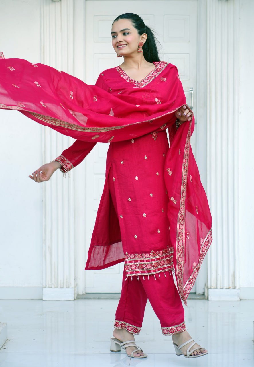 Designer Vichitra Silk Suit with Sequin Embroidery Drape Dress