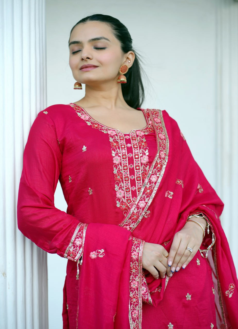 Designer Vichitra Silk Suit with Sequin Embroidery Drape Dress