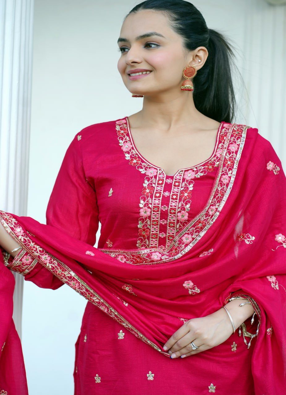 Designer Vichitra Silk Suit with Sequin Embroidery Drape Dress