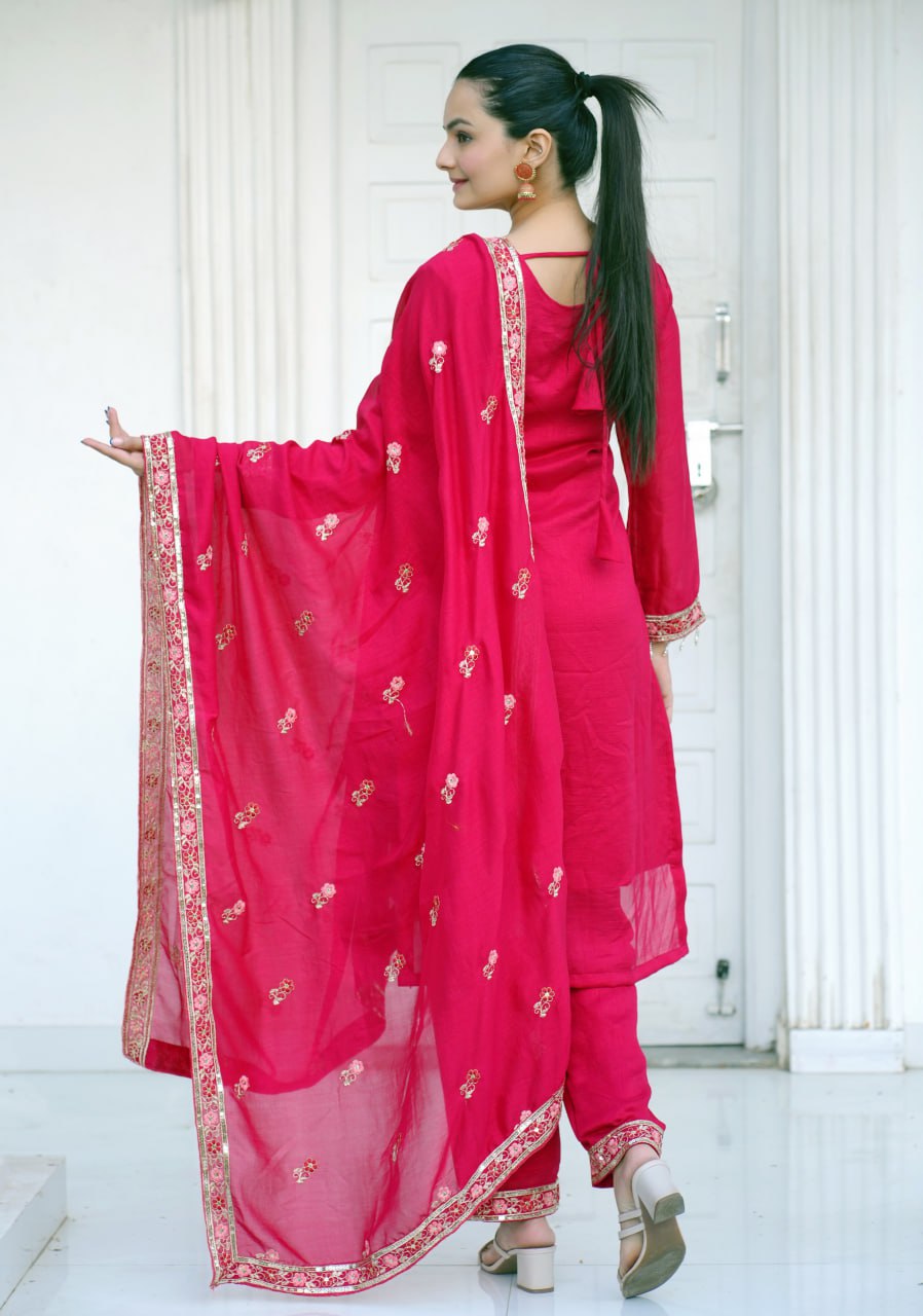 Designer Vichitra Silk Suit with Sequin Embroidery Drape Dress